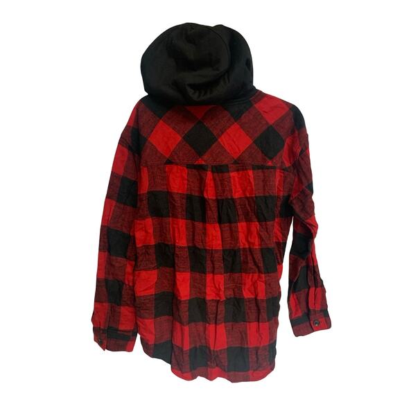 Maurices Red Black Buffalo Plaid Sherpa Lined Hooded Flannel Shirt Jacket M - Picture 4 of 5